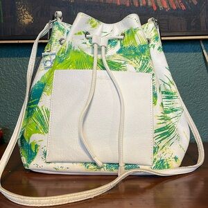 Calvin Klein bucket bag, shoulder bag, leather, white & leaf print